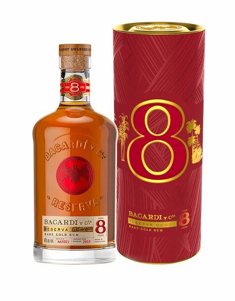 Bacardi Aged Rum Rare Gold Reserva Ocho 8 Yr 80 W/ Gift Tube 750Ml