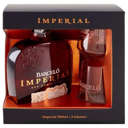 Ron Barcelo Gold Rum Imperial 80 W/ 2 Rocks Glasses 750Ml