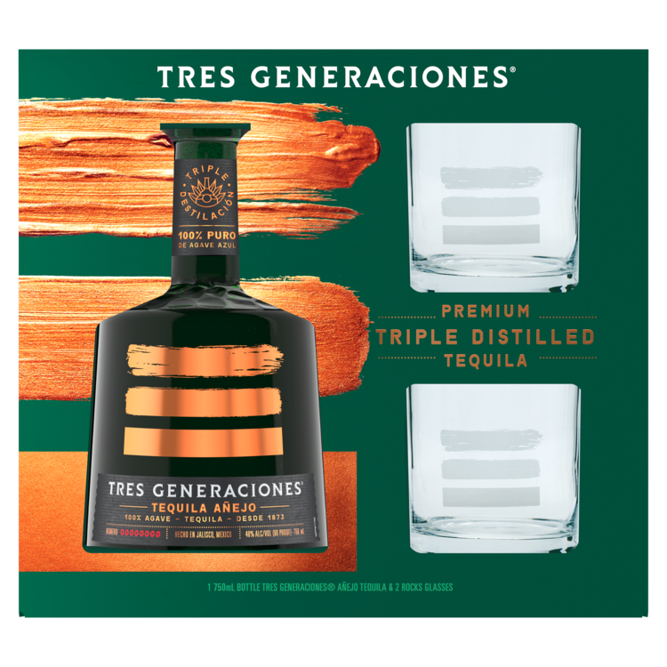 Tres Generaciones Tequila Anejo 80 W/ 2 Rocks Glasses 750Ml